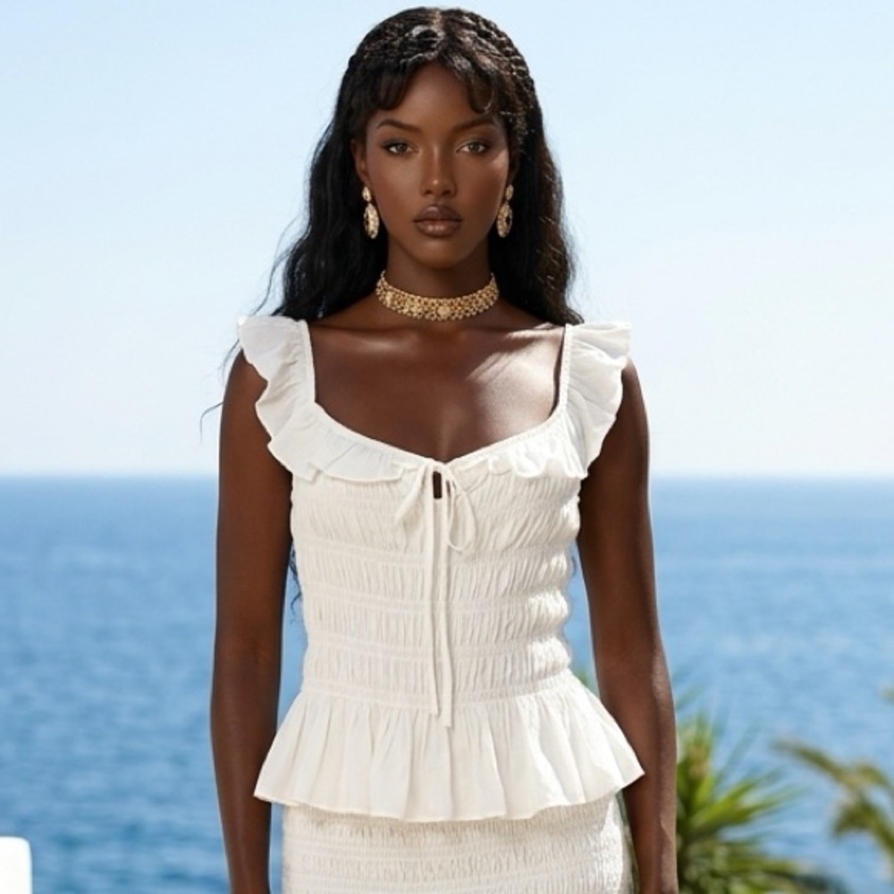 NWT And Now This SZ XL Cream ruffle top with smocked bodice/bust 36”-48”